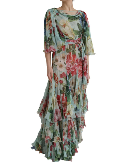 Dolce & Gabbana Blue Floral Print Tiered Long Maxi Women's Dress