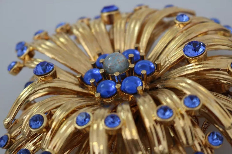 Dolce & Gabbana Gold Brass Blue Crystals Embellished Jewelry Women's Brooch (Pre-Owned)