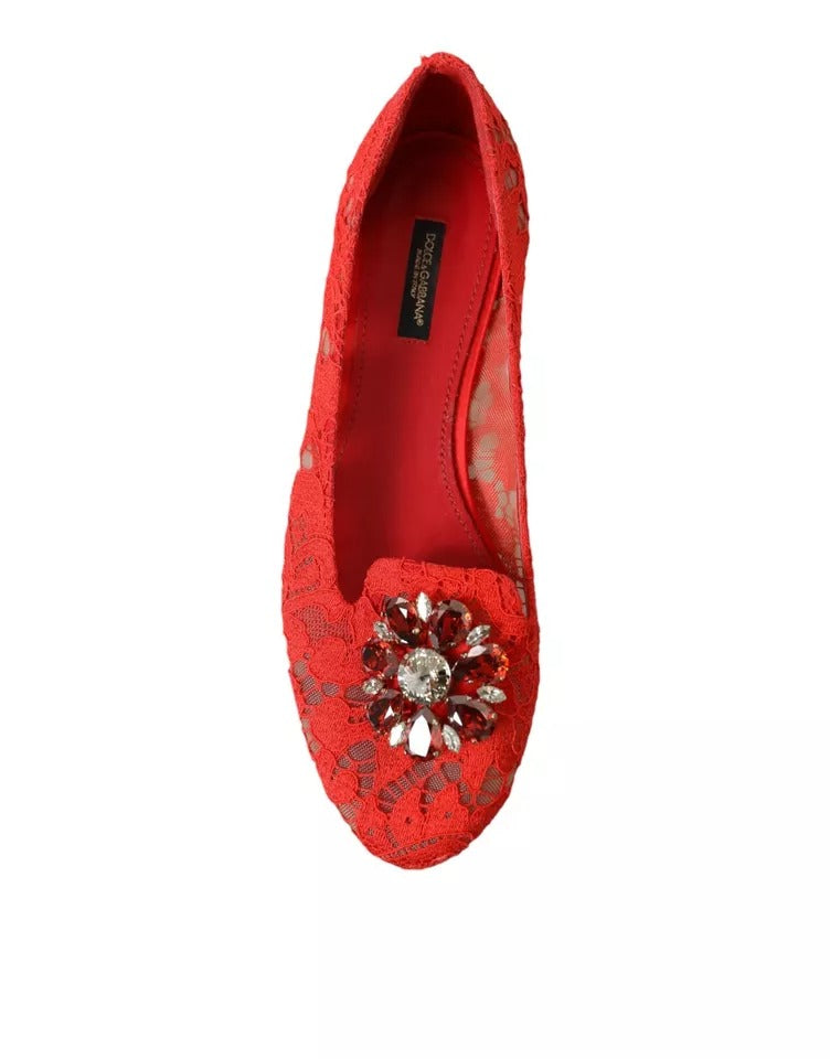 Dolce Gabbana Red Lace Crystal Ballet Loafers Women s Shoes Pre Own