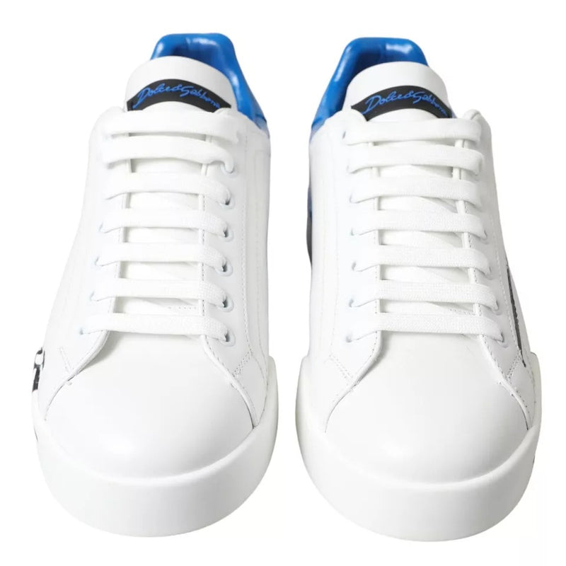 Dolce Gabbana White Blue Leather Logo Low Top Sneakers Shoes