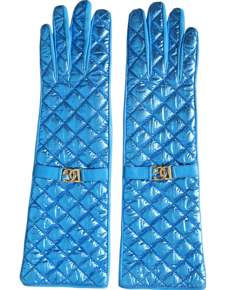 Dolce & Gabbana Blue Leather Quilted Mid Arm Length Women's Gloves