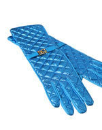 Dolce & Gabbana Blue Leather Quilted Mid Arm Length Women's Gloves