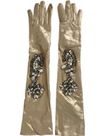 Dolce & Gabbana Beige Satin Crystal Elbow Length Women's Gloves