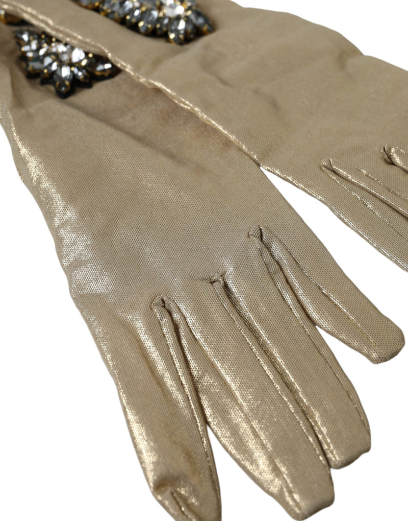 Dolce & Gabbana Beige Satin Crystal Elbow Length Women's Gloves