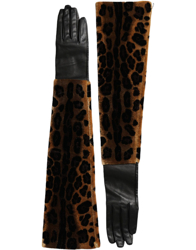 Dolce & Gabbana Brown Black Leopard Leather Elbow Length Women's Gloves