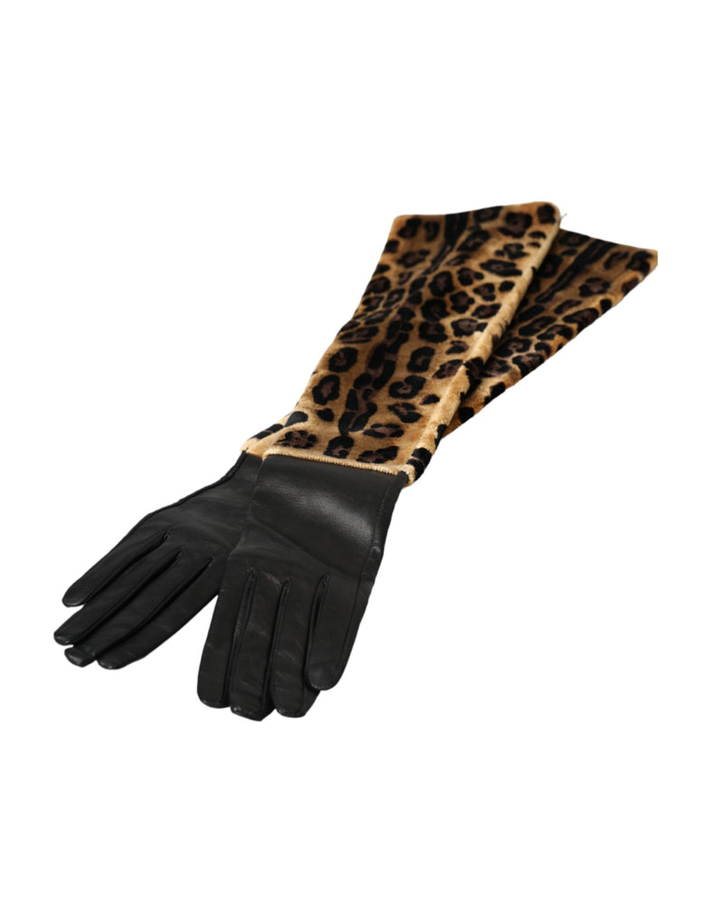 Dolce & Gabbana Brown Black Leopard Leather Elbow Length Women's Gloves