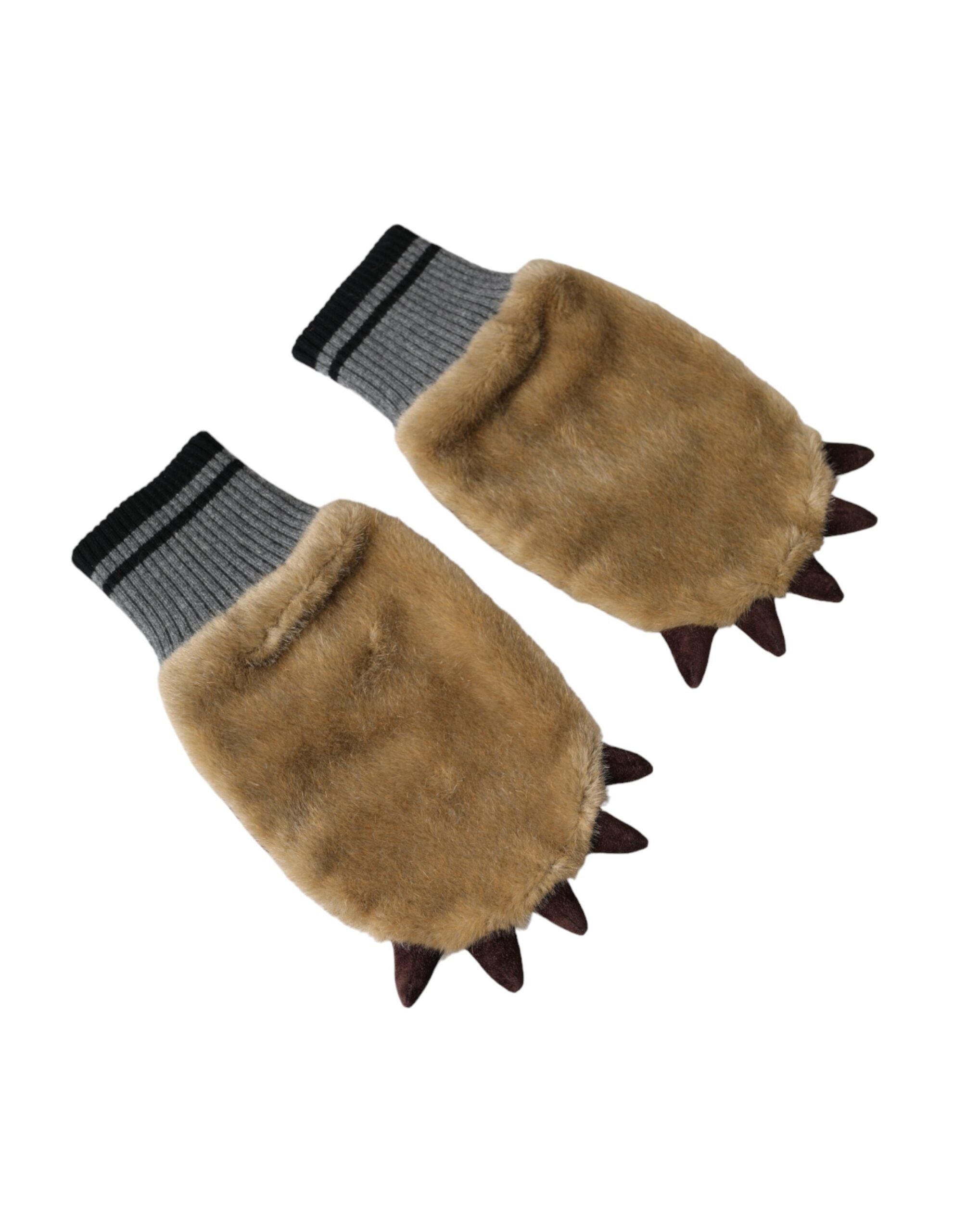 Dolce & Gabbana Beige Acrylic Knitted Fur Wrist Mitten Women's Gloves