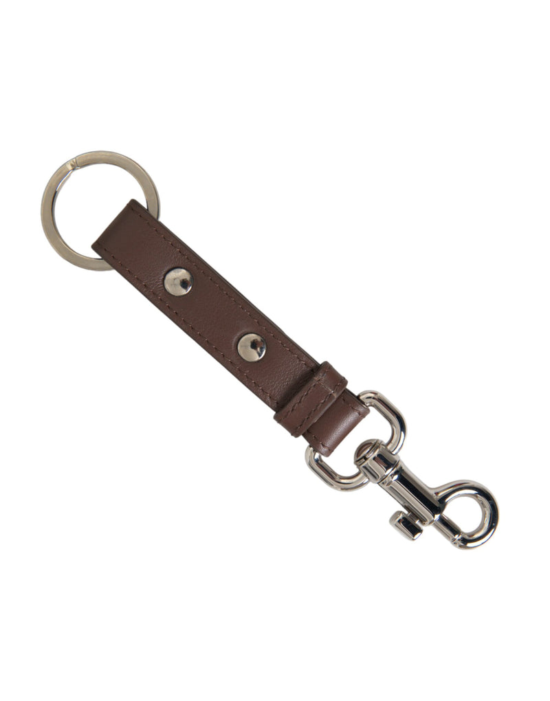 Dolce & Gabbana Brown Plain Leather Silver Brass Keyring Holder Women's Keychain