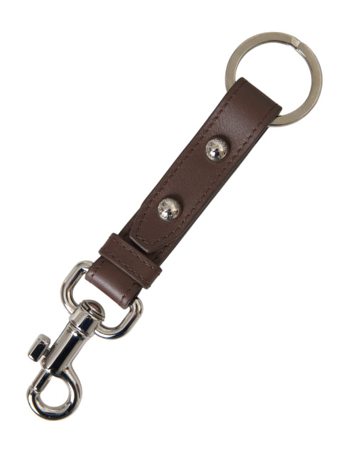 Dolce & Gabbana Brown Plain Leather Silver Brass Keyring Holder Women's Keychain