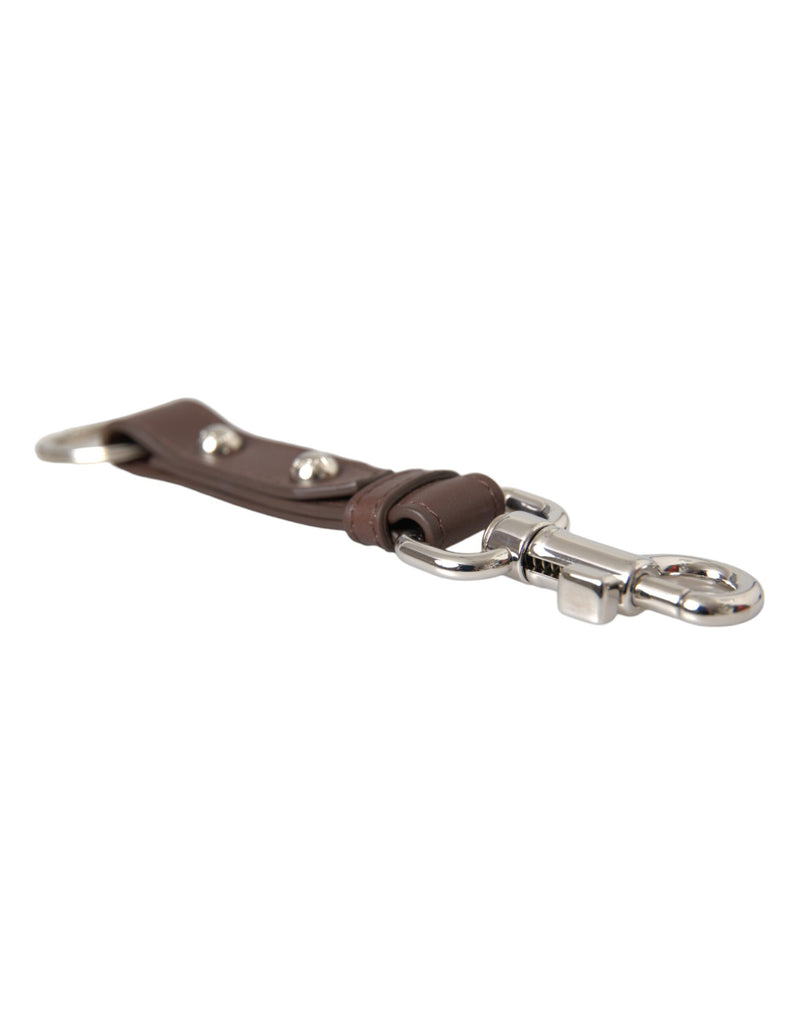 Dolce & Gabbana Brown Plain Leather Silver Brass Keyring Holder Women's Keychain