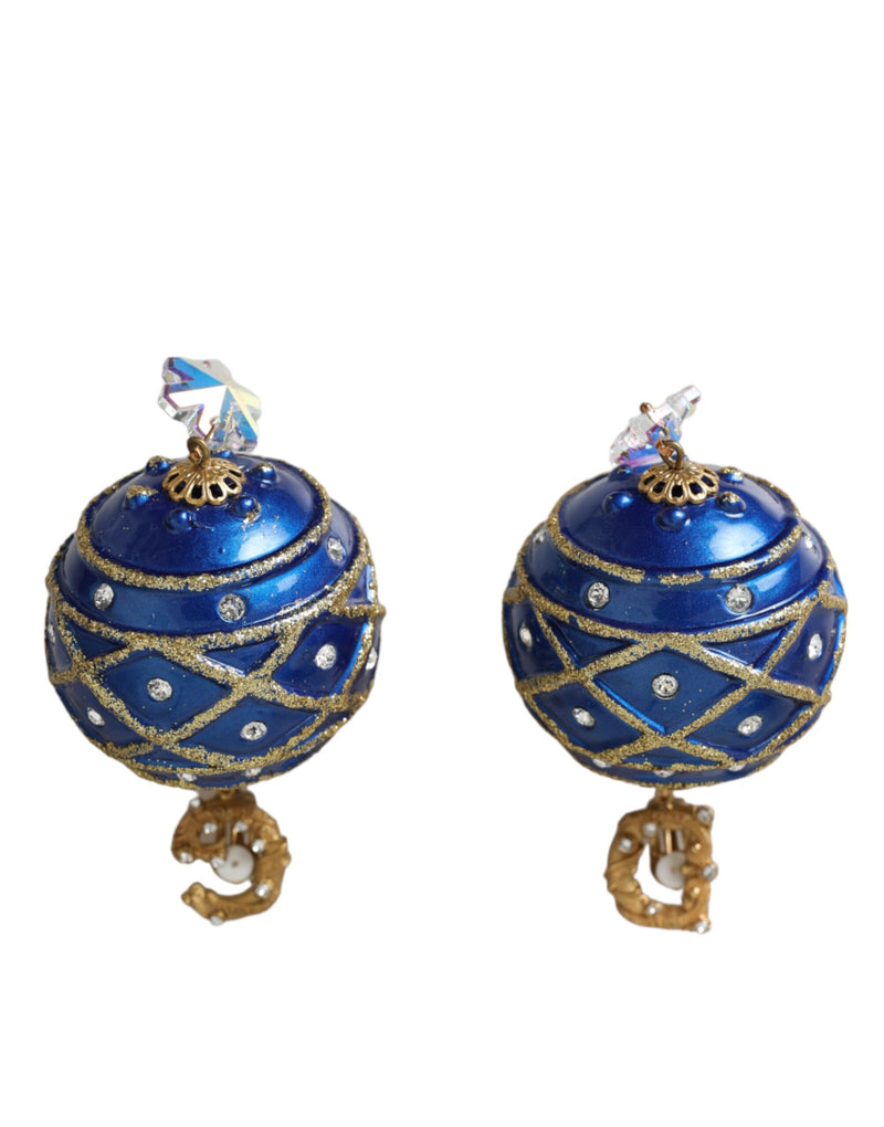 Dolce & Gabbana Gold Brass Blue Dangle Christmas Ball Crystal Clip On Women's Earrings (Pre-Owned)