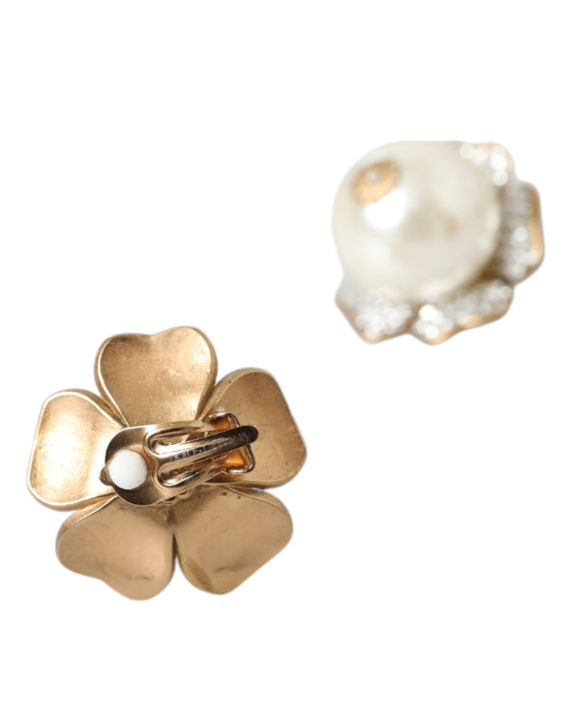 Dolce & Gabbana Gold Tone Maxi Faux Pearl Floral Clip-on Jewelry Women's Earrings (Pre-Owned)