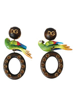 Dolce & Gabbana Multicolor Parrot Wood Brass Crystal Embellished Women's Earrings