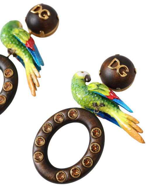 Dolce & Gabbana Multicolor Parrot Wood Brass Crystal Embellished Women's Earrings