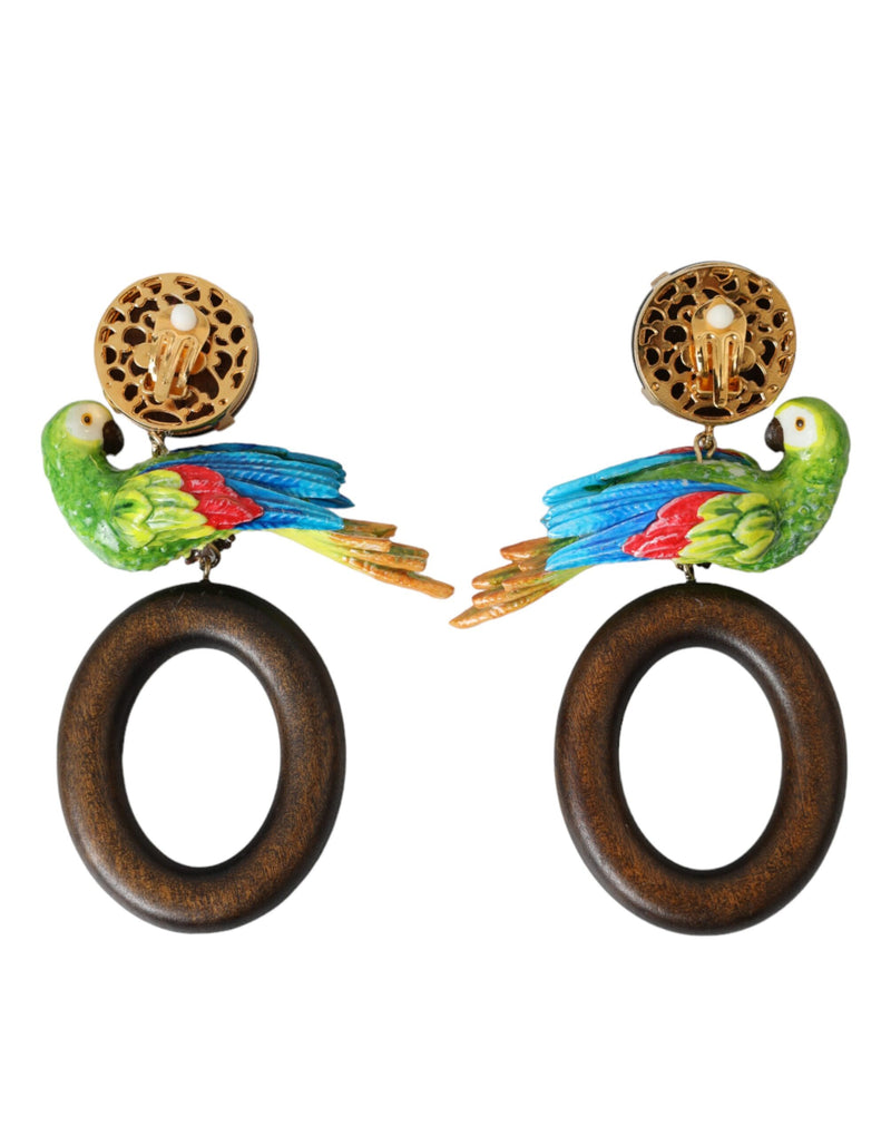 Dolce & Gabbana Multicolor Parrot Wood Brass Crystal Embellished Women's Earrings