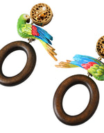 Dolce & Gabbana Multicolor Parrot Wood Brass Crystal Embellished Women's Earrings