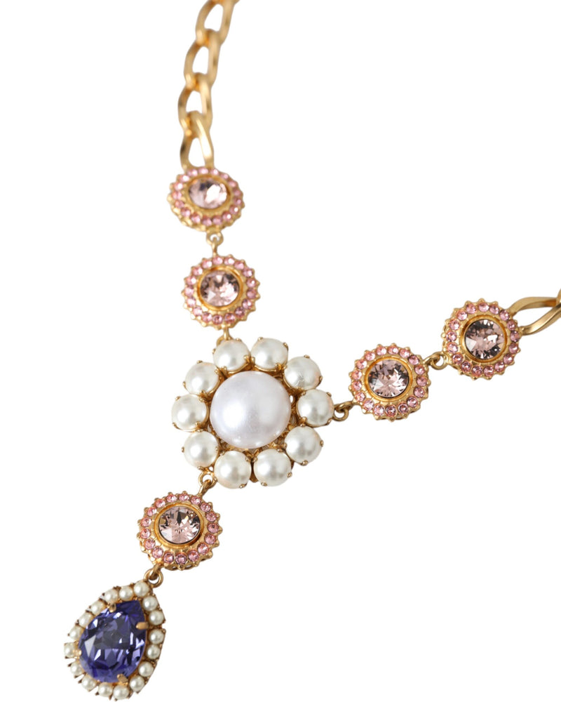 Dolce & Gabbana Gold Brass Crystal Purple Pink Pearl Pendants Women's Necklace