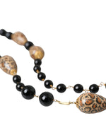 Dolce & Gabbana Gold Tone Brass Black Printed Beaded Long Chain Women's Necklace