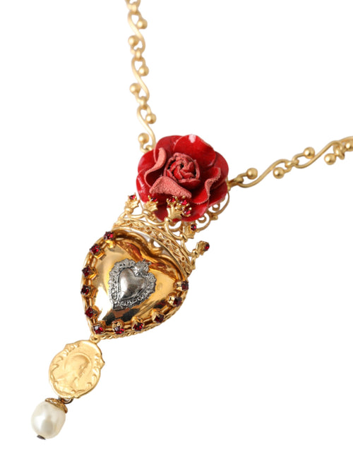 Dolce & Gabbana Gold BrassChain Sacred Heart Rose Crystal Charm Women's Necklace