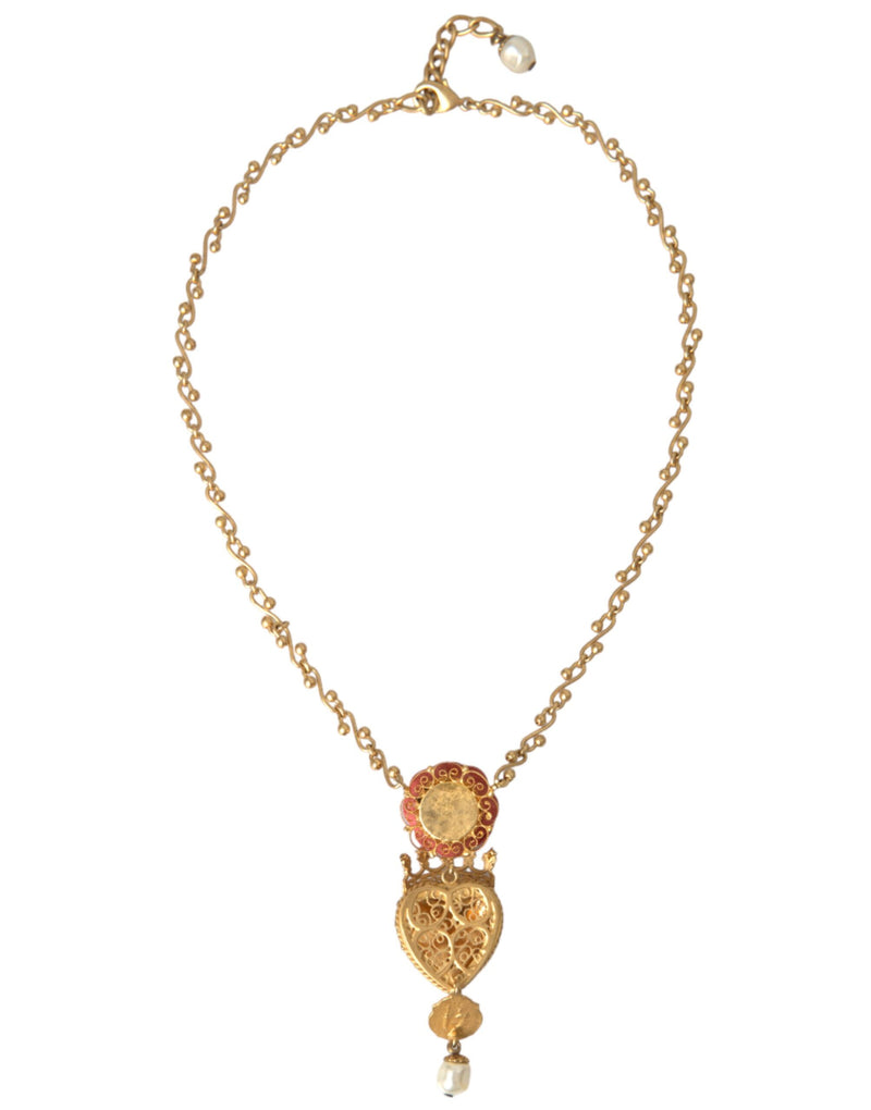 Dolce & Gabbana Gold BrassChain Sacred Heart Rose Crystal Charm Women's Necklace