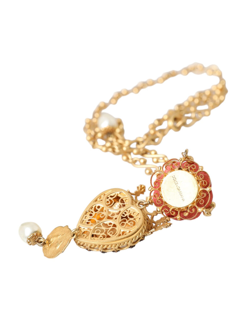 Dolce & Gabbana Gold BrassChain Sacred Heart Rose Crystal Charm Women's Necklace