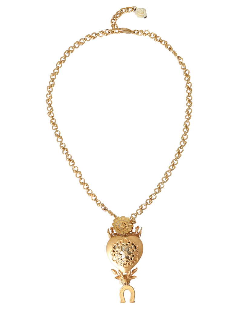 Dolce & Gabbana Gold Brass Chain Sacred Heart Crystal Charm Women's Necklace