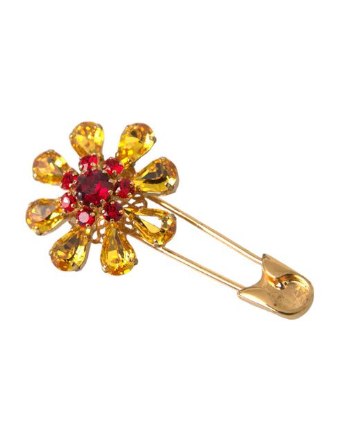 Dolce & Gabbana Gold Brass Floral Crystal Jewelry Brooch Women's Pin