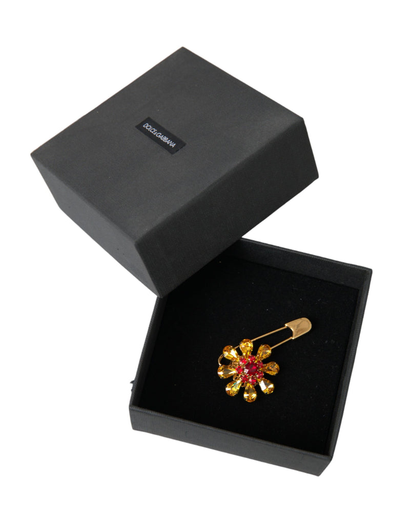 Dolce & Gabbana Gold Brass Floral Crystal Jewelry Brooch Women's Pin