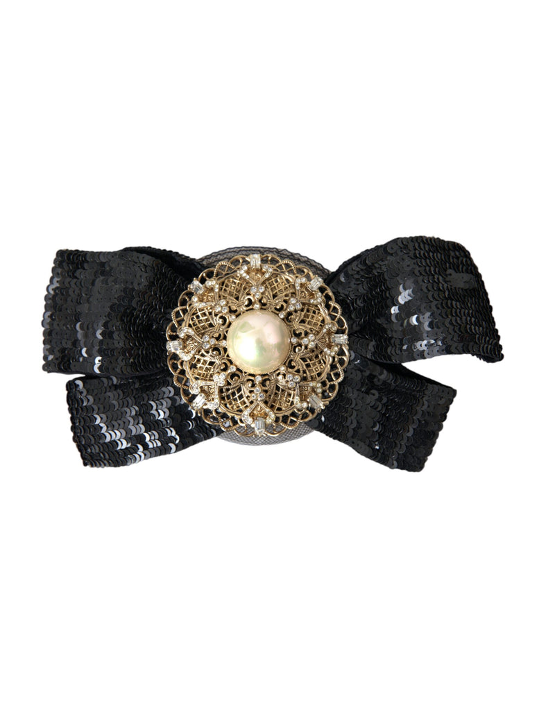 Dolce & Gabbana Black Sequin Pearl Handmade Brooch Hair Women's Pin