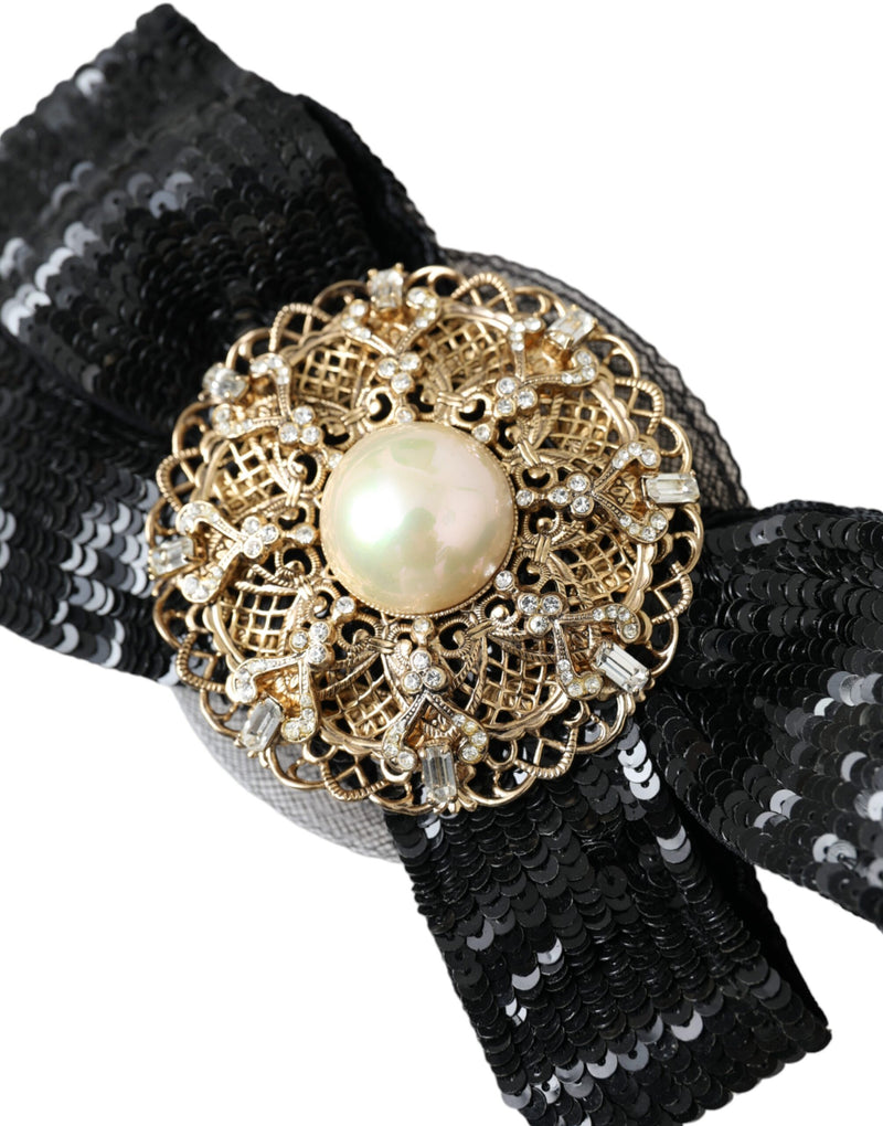 Dolce & Gabbana Black Sequin Pearl Handmade Brooch Hair Women's Pin