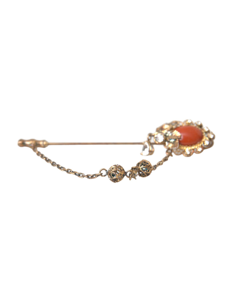 Dolce & Gabbana Gold Brass Crystal Chain 925 Sterling Silver Pin Women's Brooch