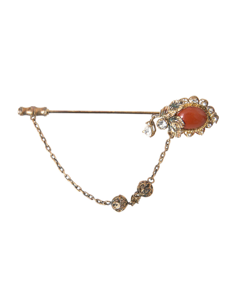 Dolce & Gabbana Gold Brass Crystal Chain 925 Sterling Silver Pin Women's Brooch