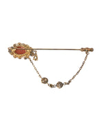 Dolce & Gabbana Gold Brass Crystal Chain 925 Sterling Silver Pin Women's Brooch