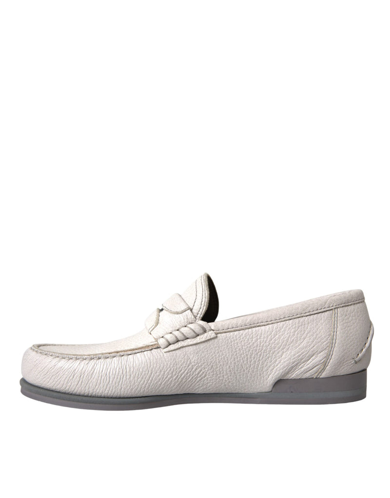 Dolce & Gabbana White Gray Leather Slip Mocassin Shoes Men's Loafer