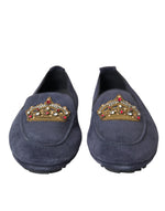 Dolce & Gabbana Blue Leather Suede Crystal Crown Loafers Men's Shoes