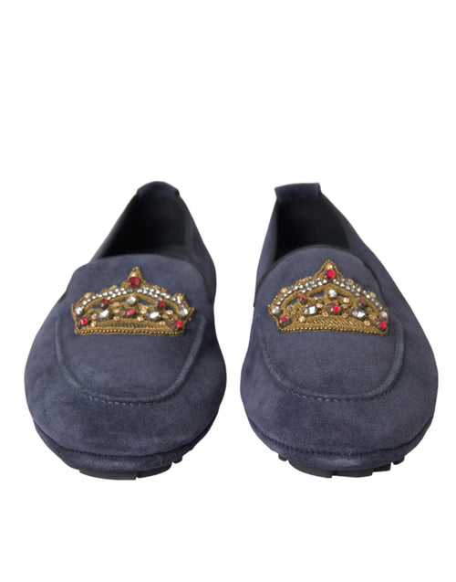 Dolce & Gabbana Blue Leather Suede Crystal Crown Loafers Men's Shoes