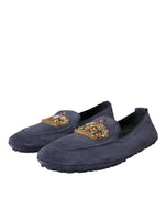 Dolce & Gabbana Blue Leather Suede Crystal Crown Loafers Men's Shoes