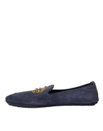 Dolce & Gabbana Blue Leather Suede Crystal Crown Loafers Men's Shoes