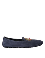 Dolce & Gabbana Blue Leather Suede Crystal Crown Loafers Men's Shoes