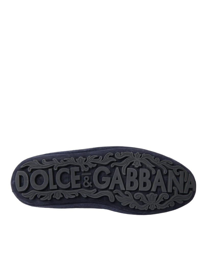 Dolce & Gabbana Blue Leather Suede Crystal Crown Loafers Men's Shoes