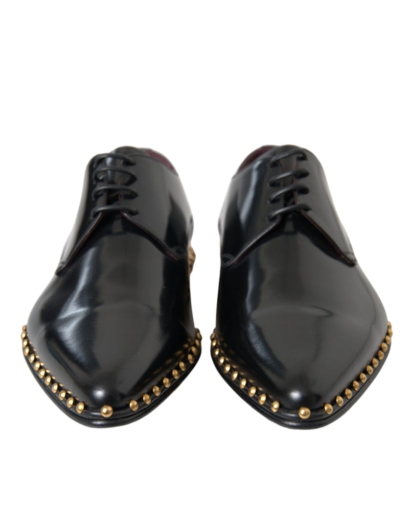 Dolce & Gabbana Black Leather Gold Studded Derby Dress Men's Shoes