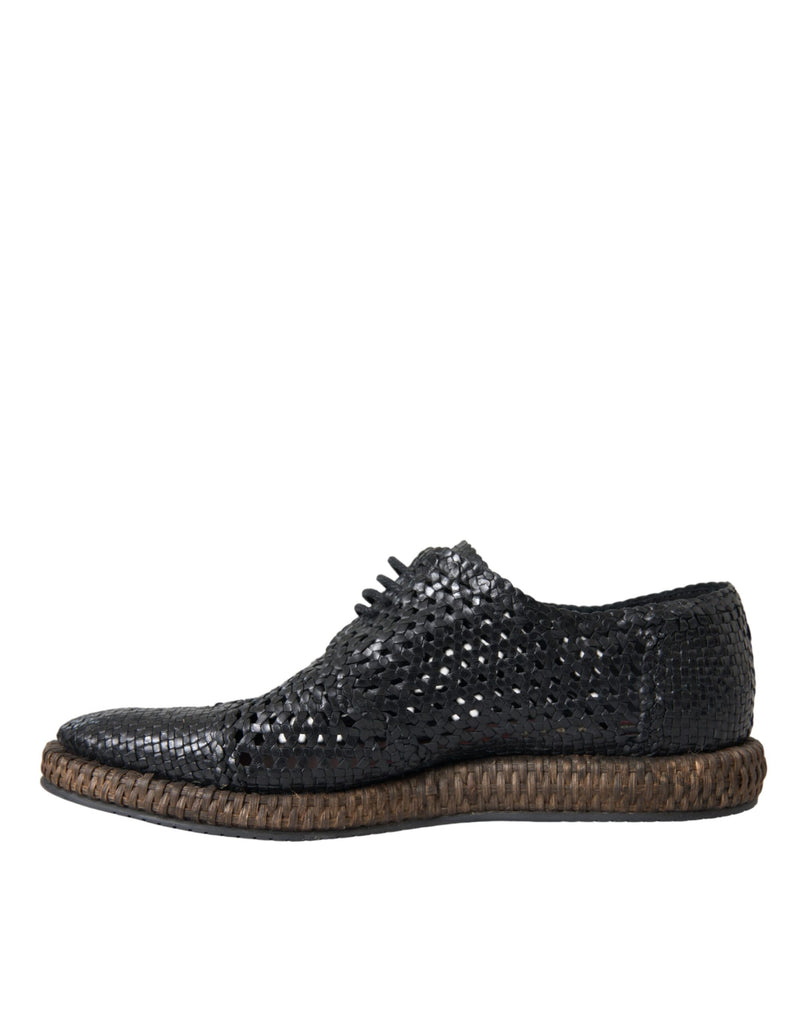 Dolce & Gabbana Black Woven Goat Leather Lace Up Derby Men's Shoes