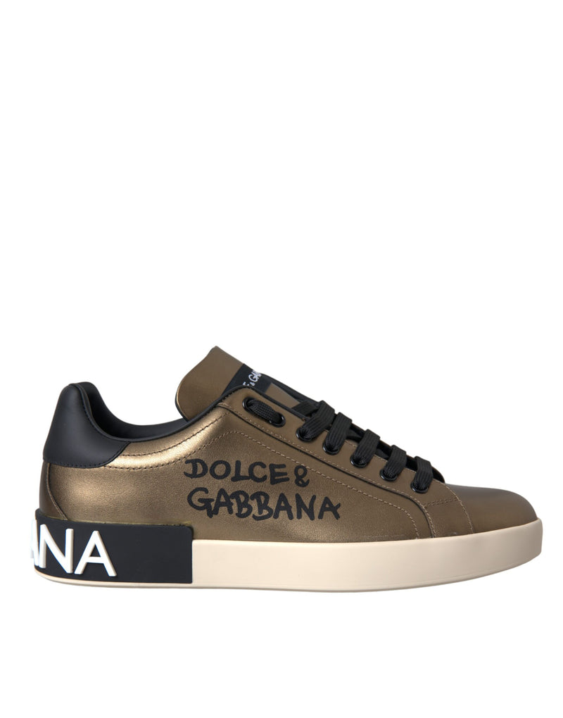 Dolce & Gabbana Gold Black Portofino Calf Leather Sneakers Men's Shoes