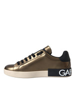 Dolce & Gabbana Gold Black Portofino Calf Leather Sneakers Men's Shoes