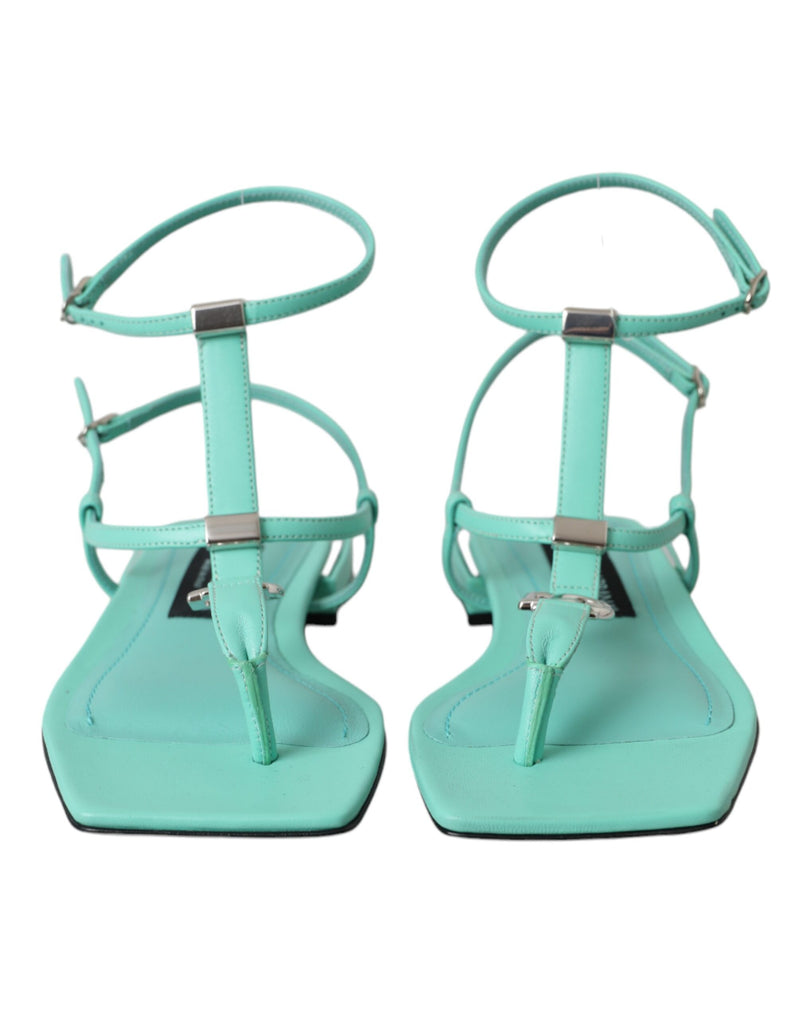 Dolce & Gabbana Aqua Green Leather Ankle Strap Flats Sandals Women's Shoes