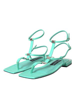 Dolce & Gabbana Aqua Green Leather Ankle Strap Flats Sandals Women's Shoes