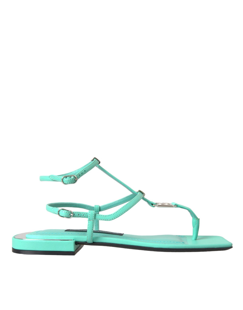 Dolce & Gabbana Aqua Green Leather Ankle Strap Flats Sandals Women's Shoes