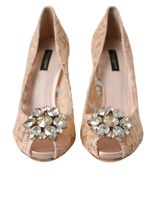 Dolce & Gabbana Beige Taormina Lace Crystal Heels Pumps Women's Shoes