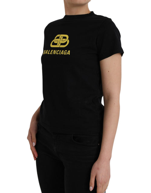 Balenciaga Black Cotton Logo Print Crew Neck Short Sleeves Women's T-shirt