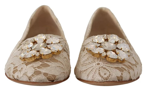 Dolce & Gabbana Beige Lace Crystal Ballet Flats Loafers Women's Shoes (Pre-Owned)